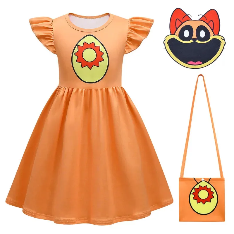 Vestido de gato morado para niños, criaturas sonrientes, catnap con sonrisa de dibujos animados, vestido veraniego para niña + bolsa, disfraz de Cosplay para niños