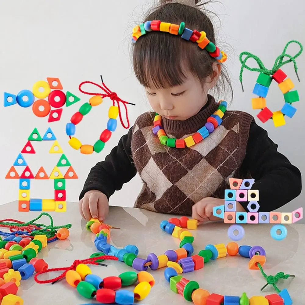 

48/100/160PCS Multicolor Montessori Threading Beads Toy Geometry Shape Bracelet Toy Stringing Beads Toy Building Blocks Plastic