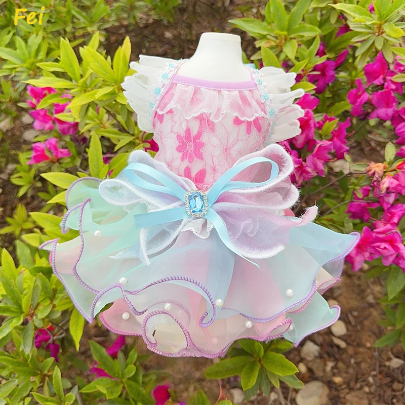 

Summer Rainbow Lace Dog Dress - Breathable Princess Pet Clothes for Poodle Puppy, Small Dogs Fashion Skirt with Bow Collar​