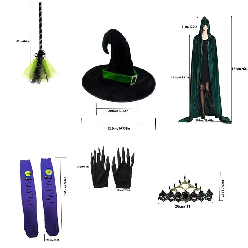 

Mysterious Halloween witch costume cape broom witch hat horror paws and other costume accessories suitable for party dress