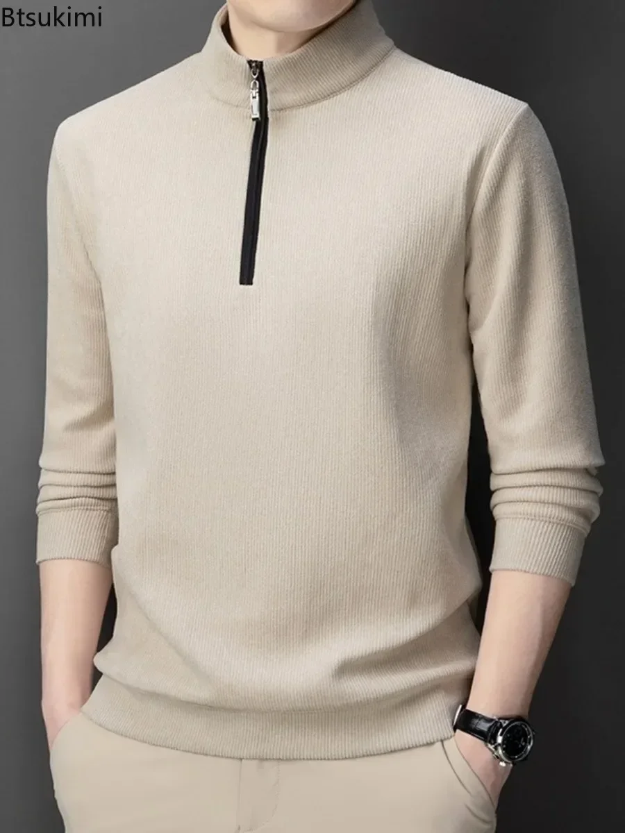 New Men's Warm Hoodies Fashion Plus Velvet Thickened Half Zip Stand Collar Pullovers Casual Solid Thermal Bottoming Tops for Men