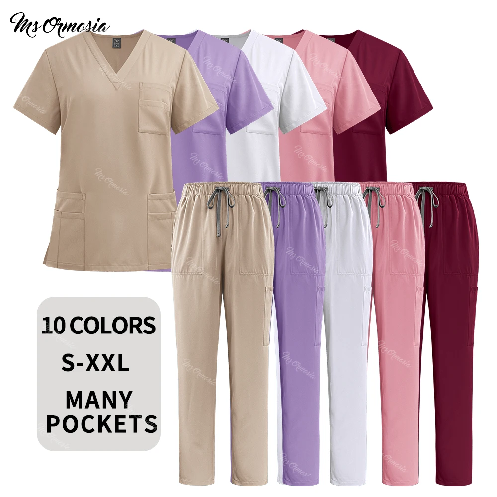 Fashion Pockets V-neck Tops+Straight Pants Apricot Royal Hospital Uniforms Medical Nurse Scrubs Set Unisex Beauty Dental Clothes