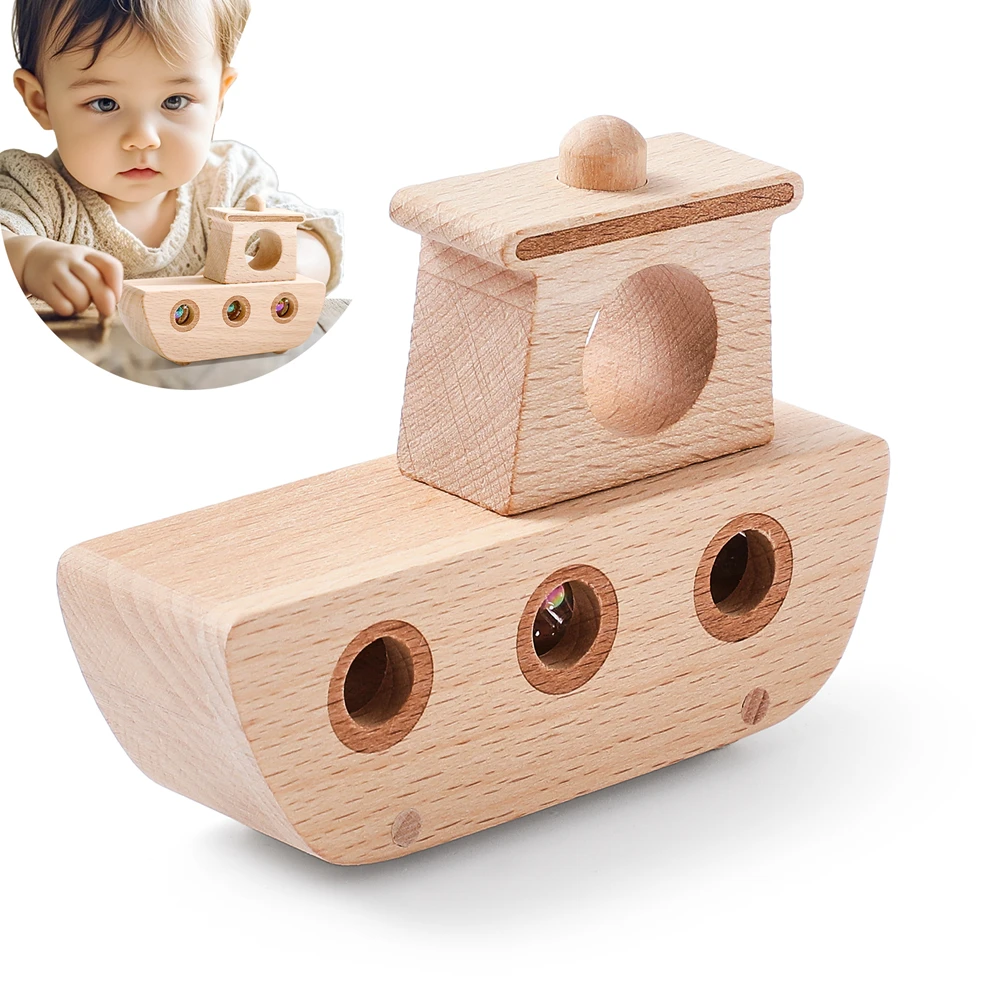 Wooden Rolling Ball Boat Toy Hollow Cabin Acrylic Beads Natural Wood Baby Rattle Toys Hands On Ability Intelligence Development