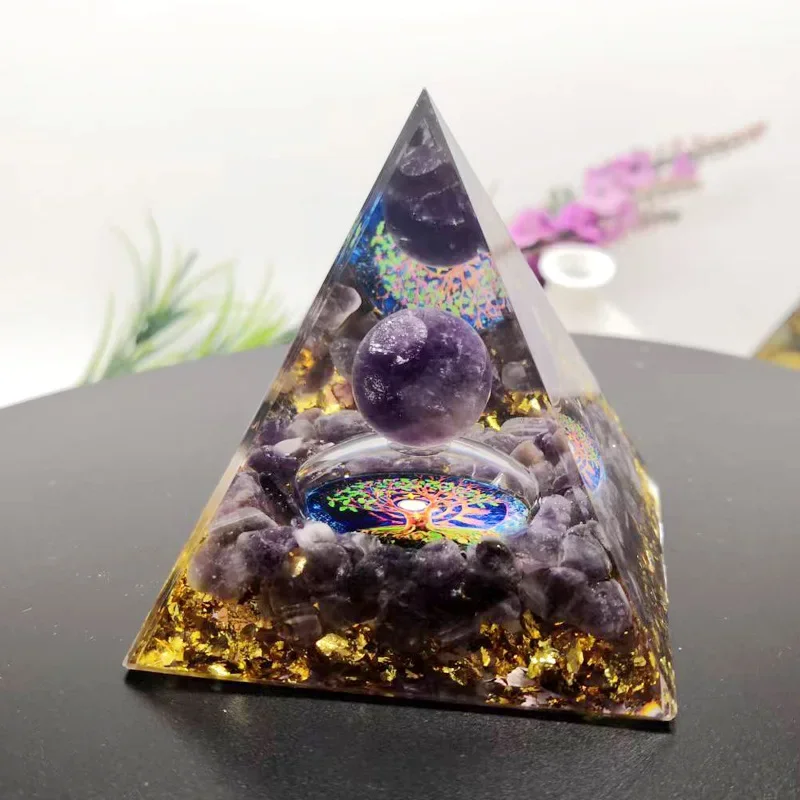 

Energy Pyramid Reiki Natural Amethyst Ball Healing Crystals Chakra Tool Ornaments Resin Stones Craft Kids Gift Pyramid