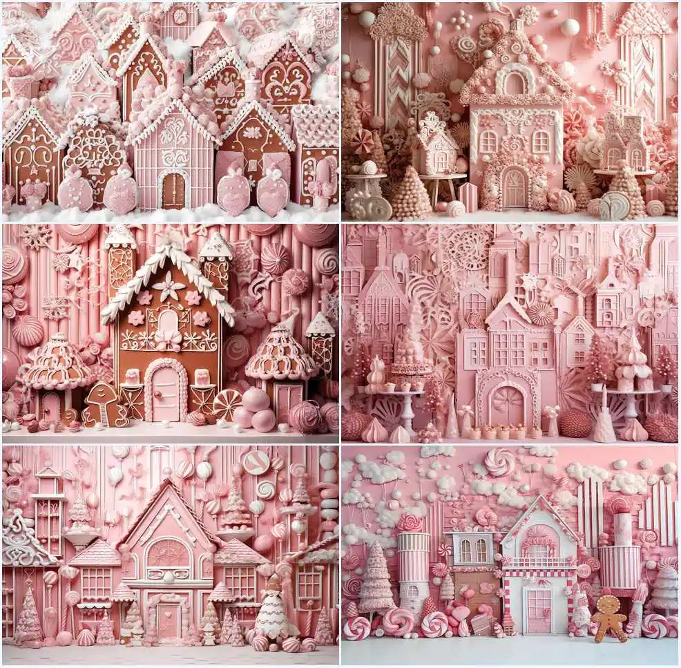 

Avezano Christmas Decor Backdrop Pink Gingerbread House Castle Kids Portrait Photography Background Photo Studio Photocall Props