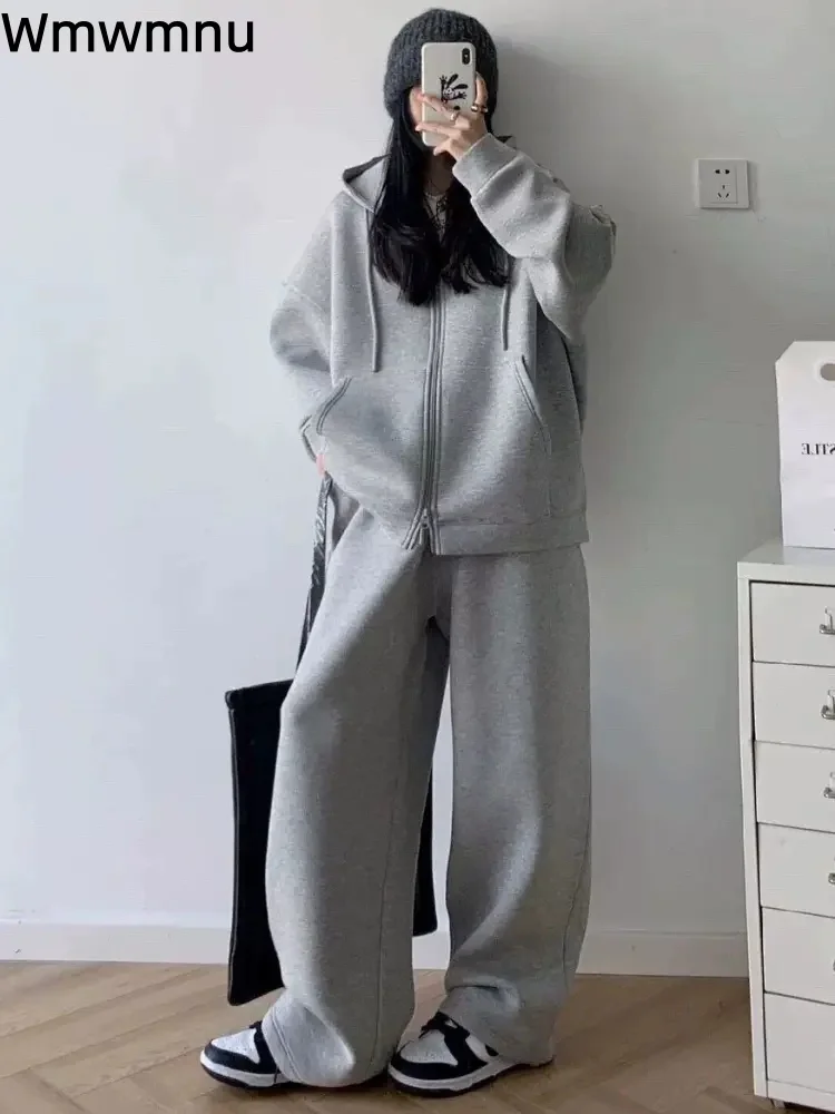 

Теплый утолщенный спортивный комплект из 2 предметов, женские повседневные брюки на молнии с капюшоном Conjuntos, модные мешковатые широкие брюки с высокой талией, ансамбли