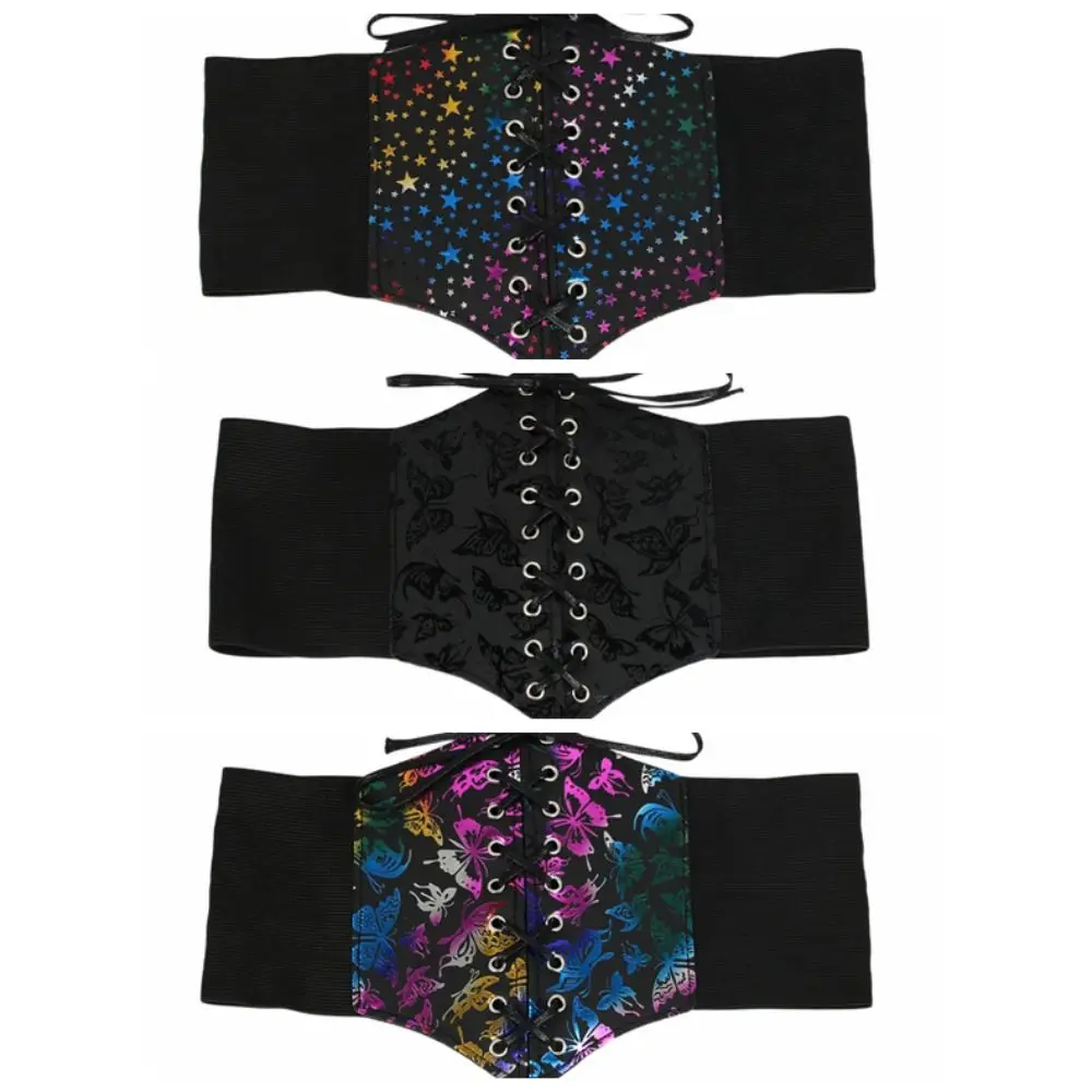 Fashion Butterfly Elastic Cummerbunds Printing Star Wide Belt Solid Color PU Leather Waist Corset Girl