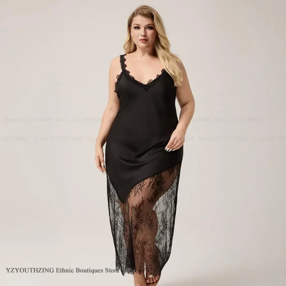

Женская ночная рубашка больших размеров, сексуальное лоскутное кружевное ночное белье на тонких бретельках, домашняя одежда, свободная шелковая атласная одежда для дома, ночная рубашка