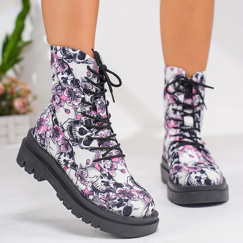 Moda damska Graffiti Printed Ankle Boots Platforma Lace Up Flat Combat Booties Woman Non Slip Pu Leather Short Botines Mujer