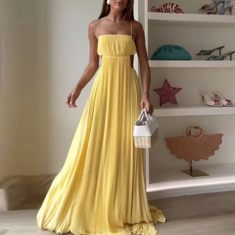 Abito da donna sexy a vita alta con fionda cava Moda Boho pieghettato a-line maxi abiti da vacanza senza maniche abito da ballo solido senza schienale