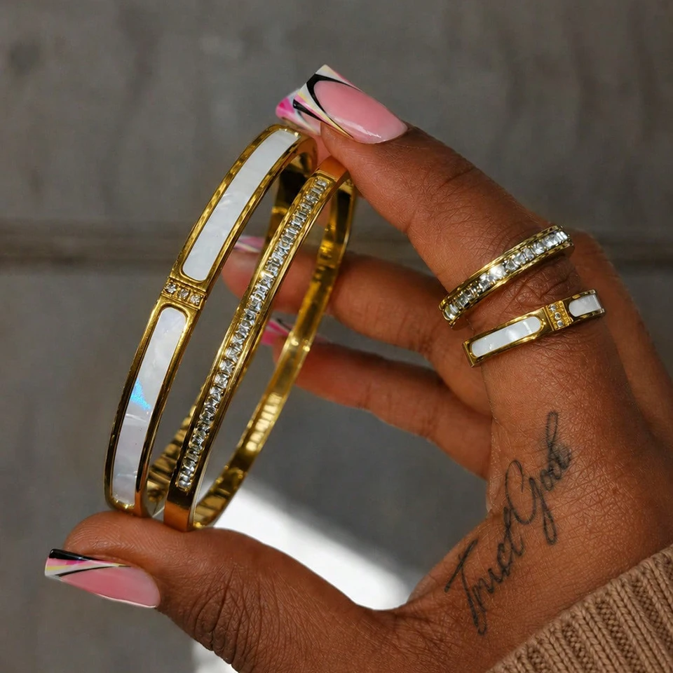 Stainless Steel CZ White Shell Jewelry Set Women Baguette Zircon Cuff Bangle Ring Waterproof Stackable Finger Wrist Jewelry