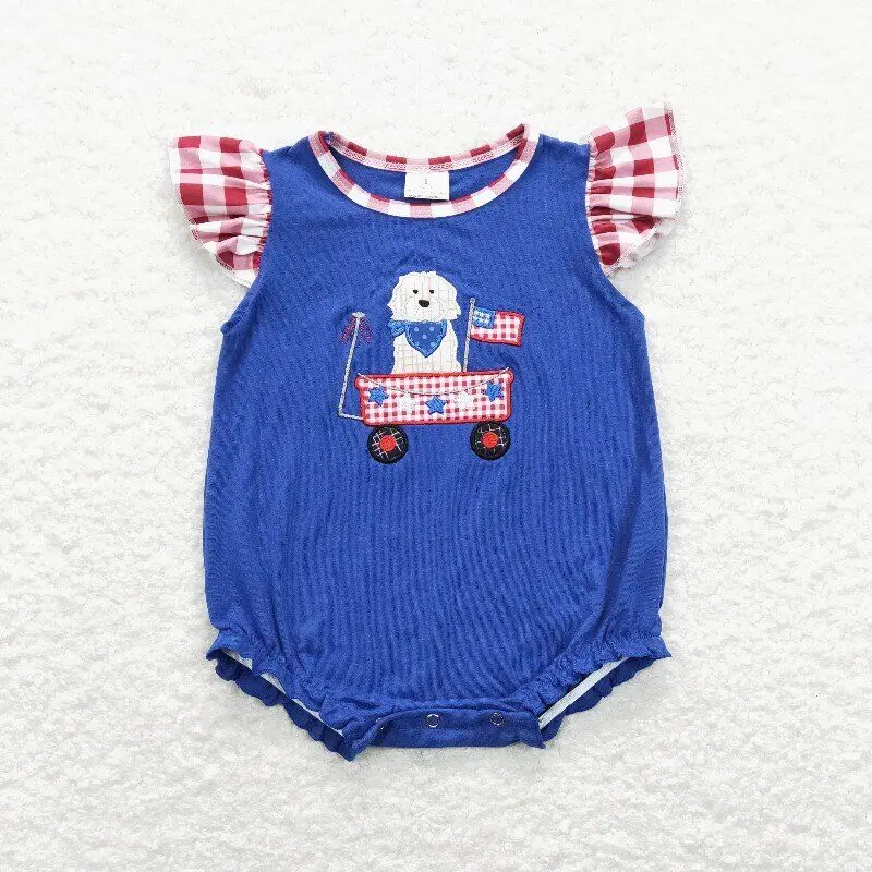 

RTS Baby Girls Newborn Infants Flutter Sleeve 4th Of July Dog Flag Boutique Wholesale Fashion Summer Sleepers Rompers