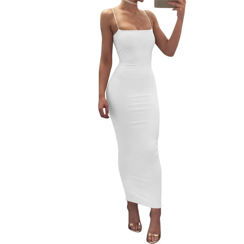 DZ-DZ Women Sexy Spaghetti Strap Bodycon Maxi Dress Square Neck Sleeveless Backless Cocktail Wedding Party Solid Long Dresses