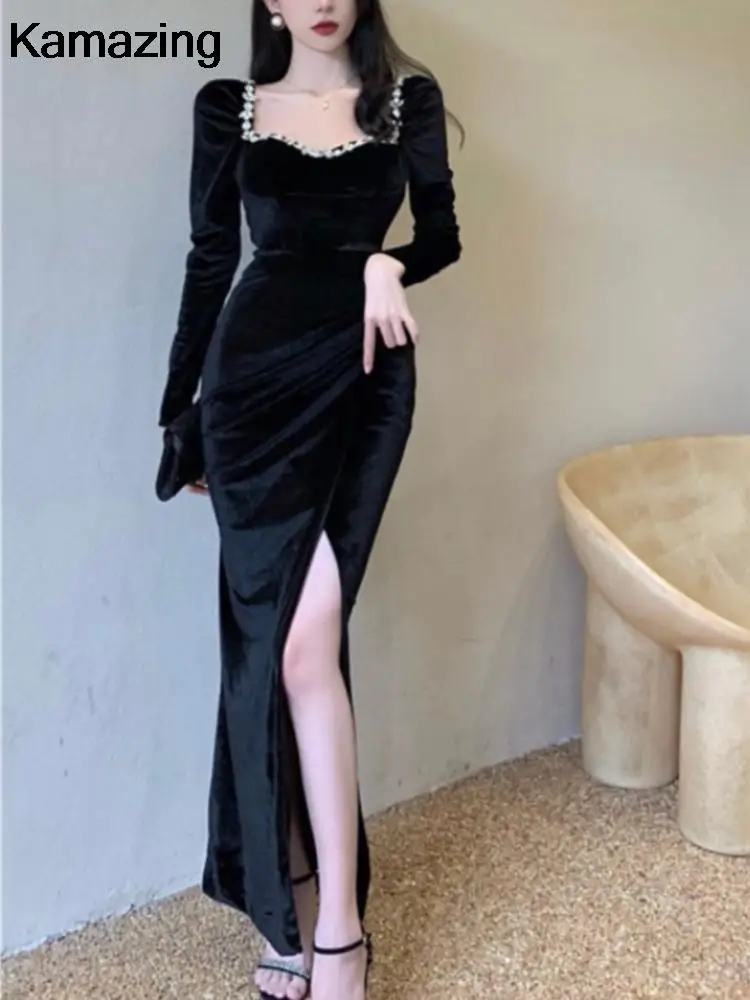 Sexy Bodycon Evening Party Dress Women Autumn New Velvet Diamonds Prom Robe Ladies France Vintage Split Mermaid Vestidos Mujer