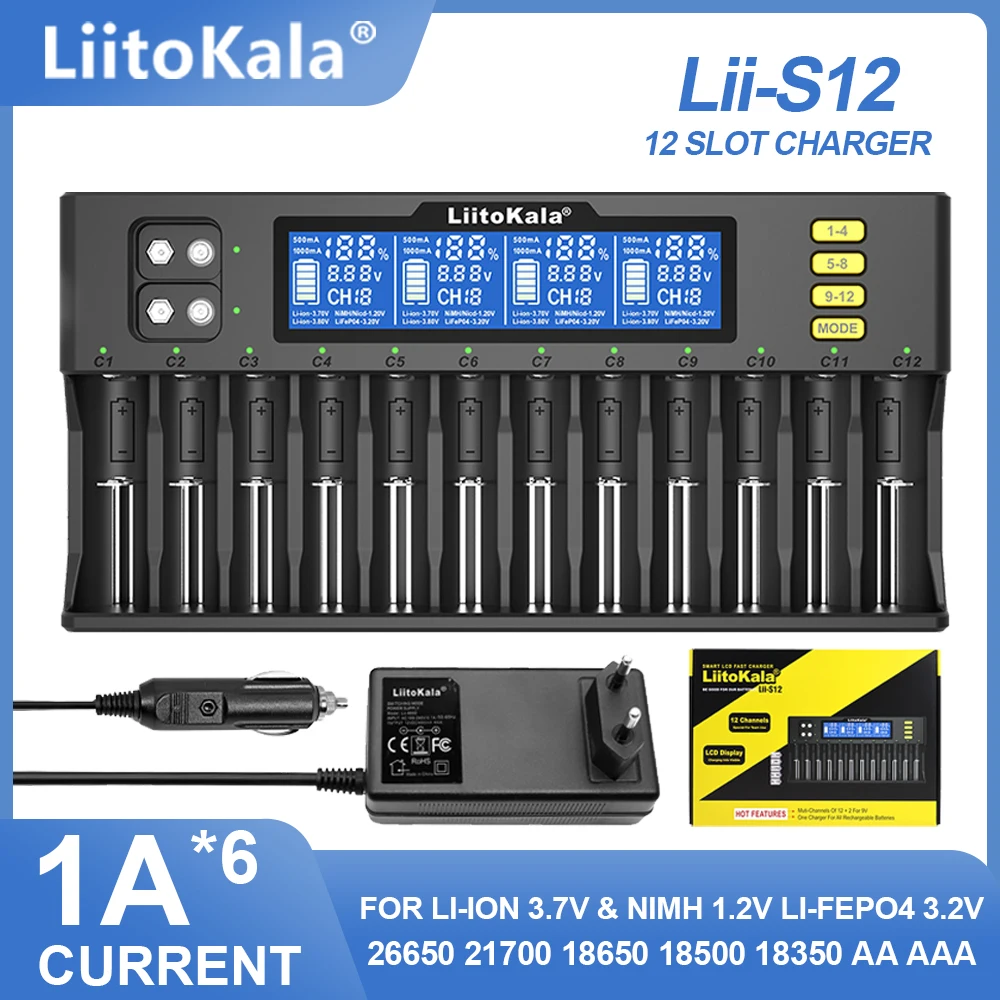 LiitoKala Lii-S12 12-Slot LCD Battery Charger for Li-ion LiFePO4 Ni-MH Ni-Cd 9V 21700 20700 26650 18650 16340 18350 RCR123 18700