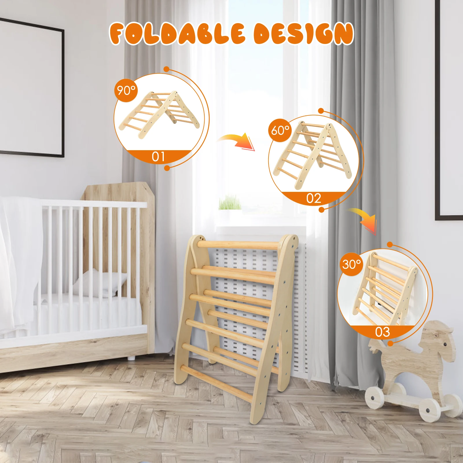 Échelle triangulaire pliable en bois pour l'escalade des tout-petits, enfants, garçons et filles de 6 mois et plus, pour jouer en intérieur et développer la force, l'équilibre et les compétences motrices.