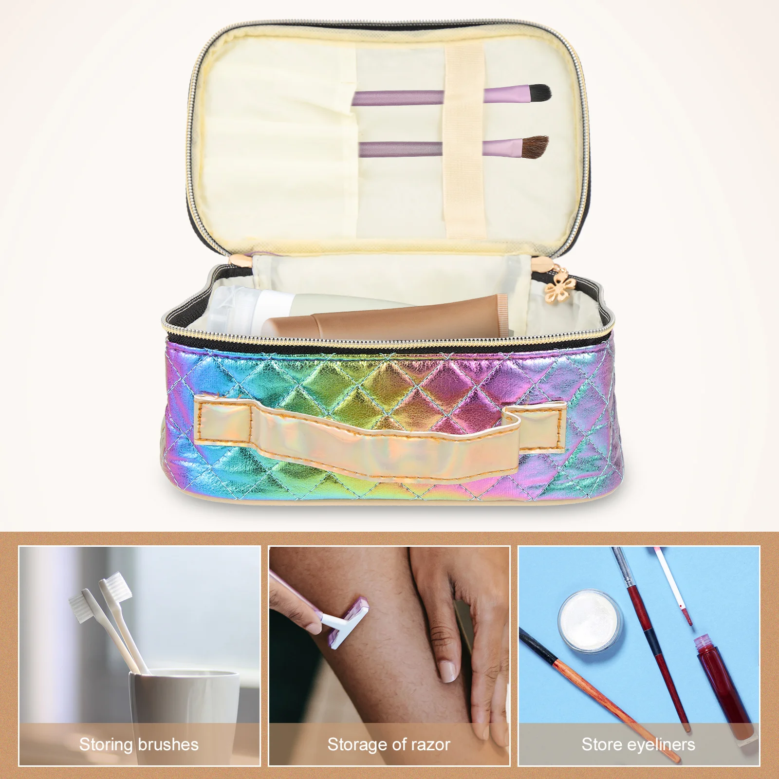 

Waterproof Organizer Large Capacity Cuboid Travel Bag Pu Handle Double Zipper Washable Toiletry Case For Brushes