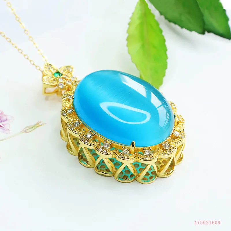 

Ethnic style blue cat's eye glazed pendant imitation turquoise necklace