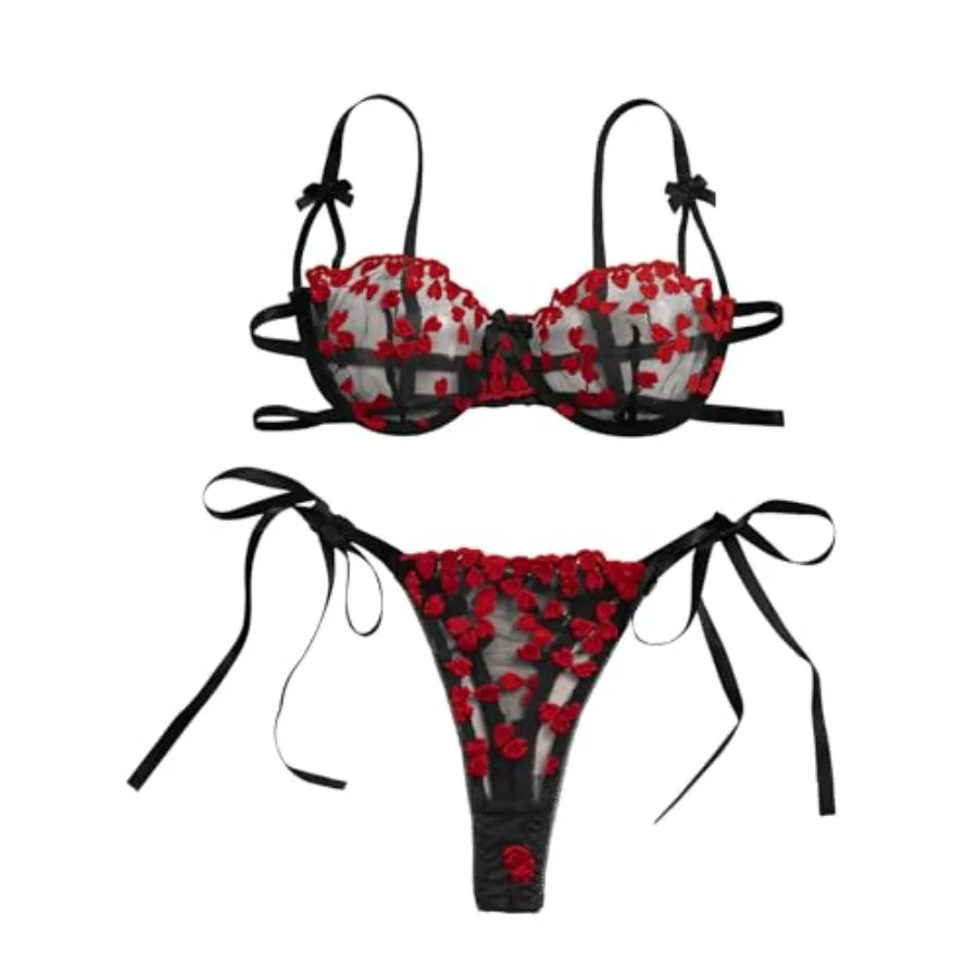 

Lilosy Sexy Tie Side Cute Underwire Push Up Strappy Embroidered Mesh Sheer Lingerie Set