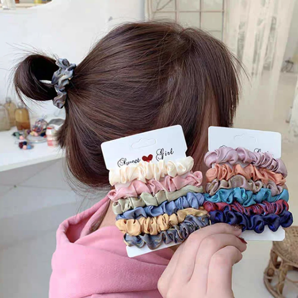 6pcs Pure Silk Skinnies Small Scrunchie Set Hair Bow Ties Ropes Bands Scrunchy Elastics Ponytail Holders for Women Girls