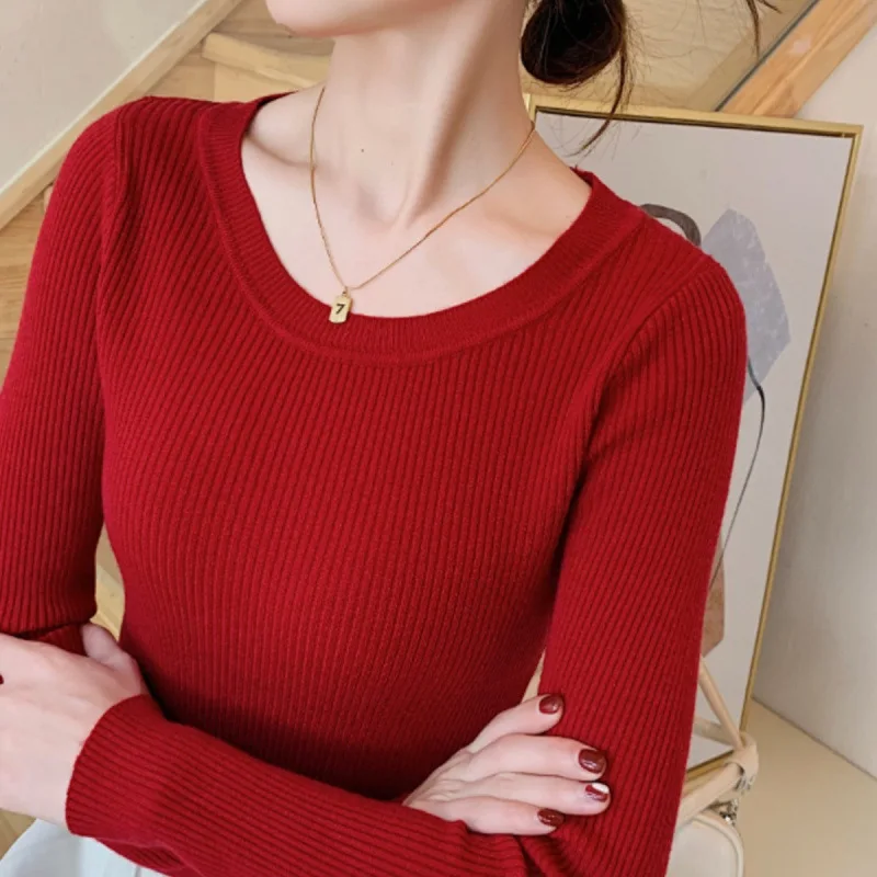 

Женский осенне-зимний свитер большого размера с круглым вырезом, облегающий, с длинными рукавами, однотонный, в корейском стиле, вязаный базовый джемпер