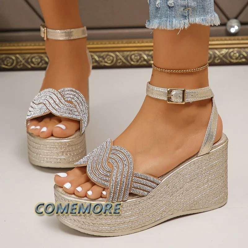 

Fashion Crystal Wedge Slippers Women's 2024 New Sexy Open Toe Chunky Platform Sandals Woman Summer Classic High Heels Sandalias
