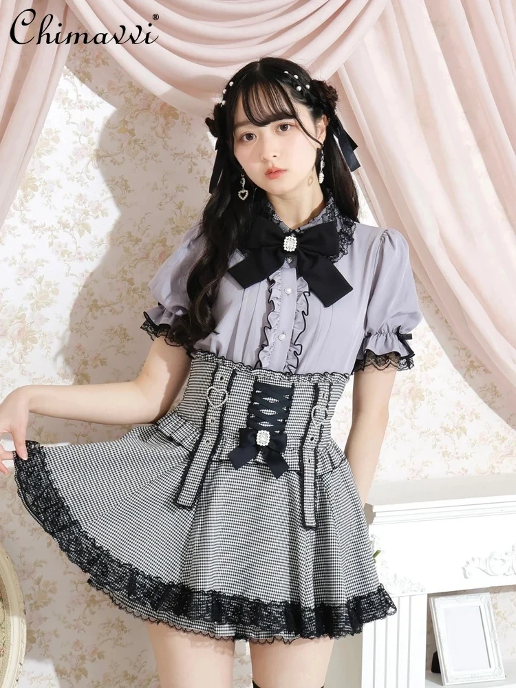 

Japanese Style Bow Lace Collar Mine Mass-produced Short-sleeved Shirt 2025 Summer New Lolita Kawaii Shirt Cute Girls Y2k Tops