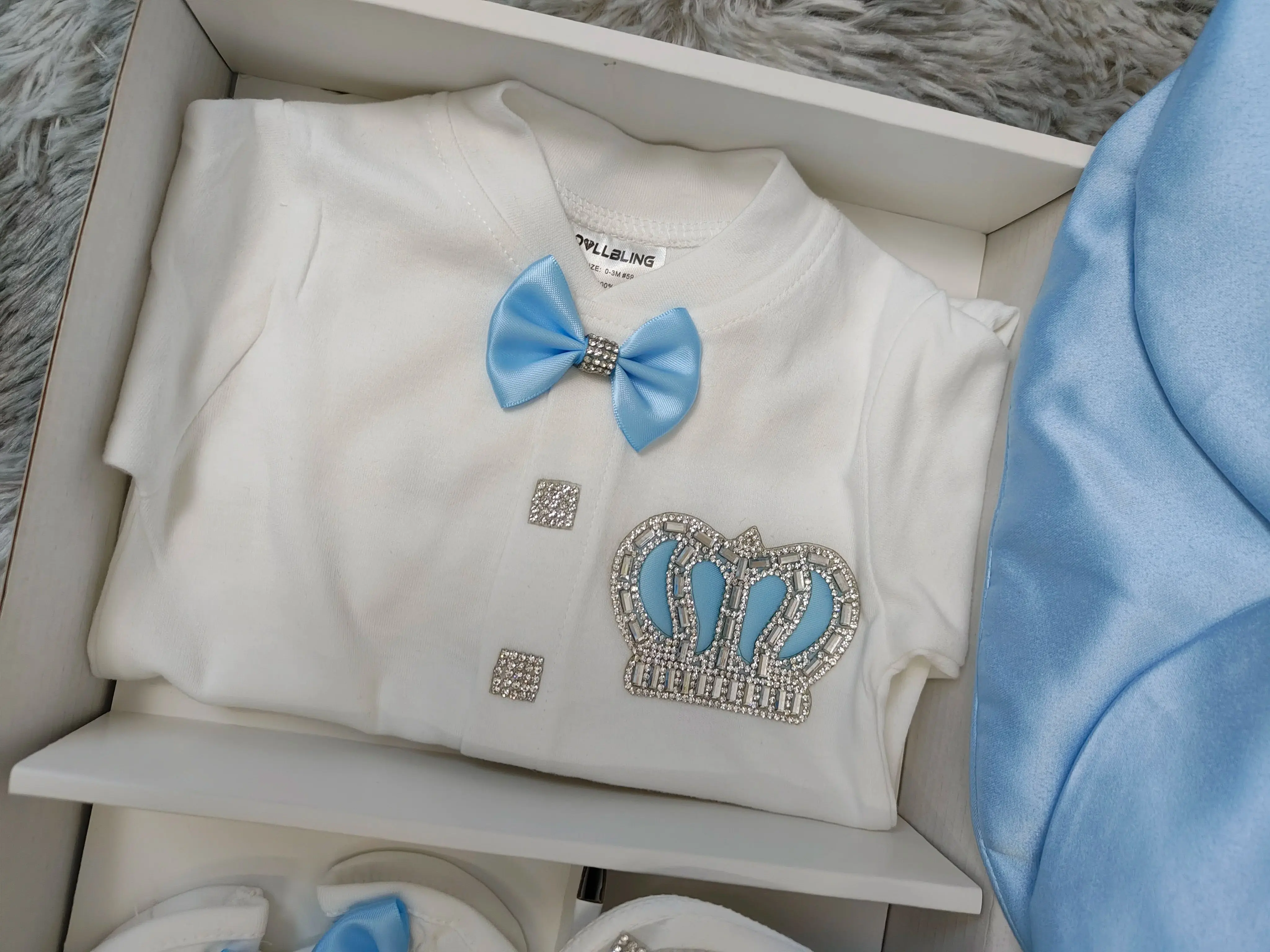 Royal Baby Boy Prince Style 5Pcs Blue White Rhinestone Footed Romper Christening Baptism Formal Suit Hat Shoes view 2