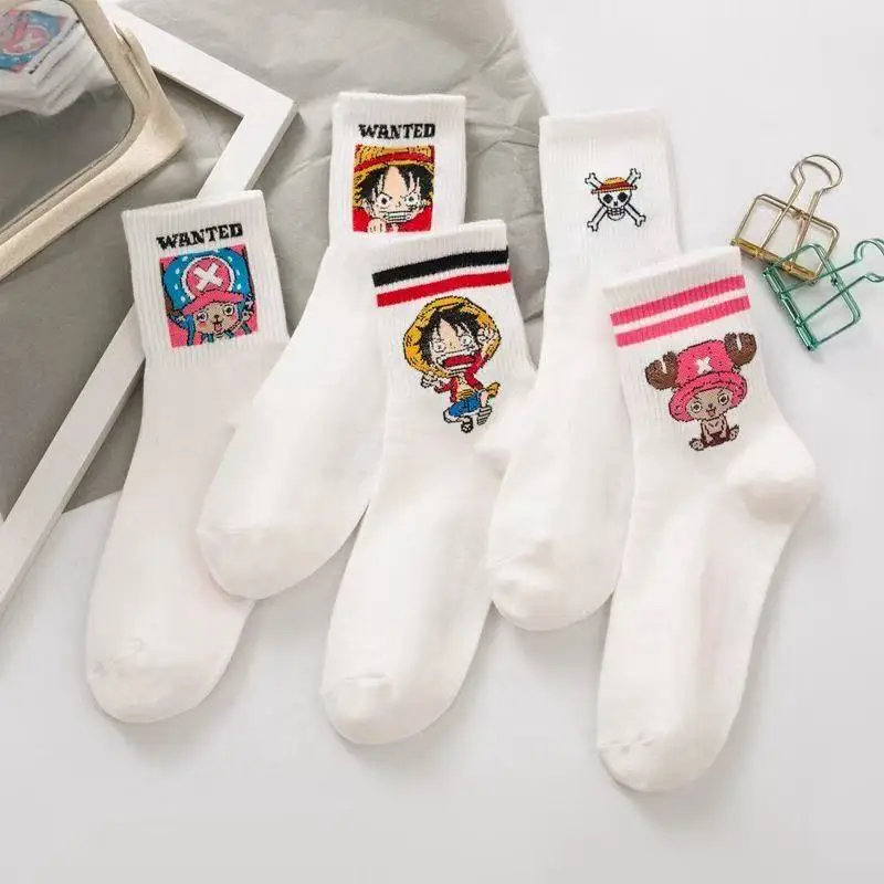 5 Paar One Piece Anime Socken Luffy Kurz geschnittene bedruckte weiße Baumwollsocken mit Rundhalsausschnitt Unisex Casual Harajuku Paar Street Socken