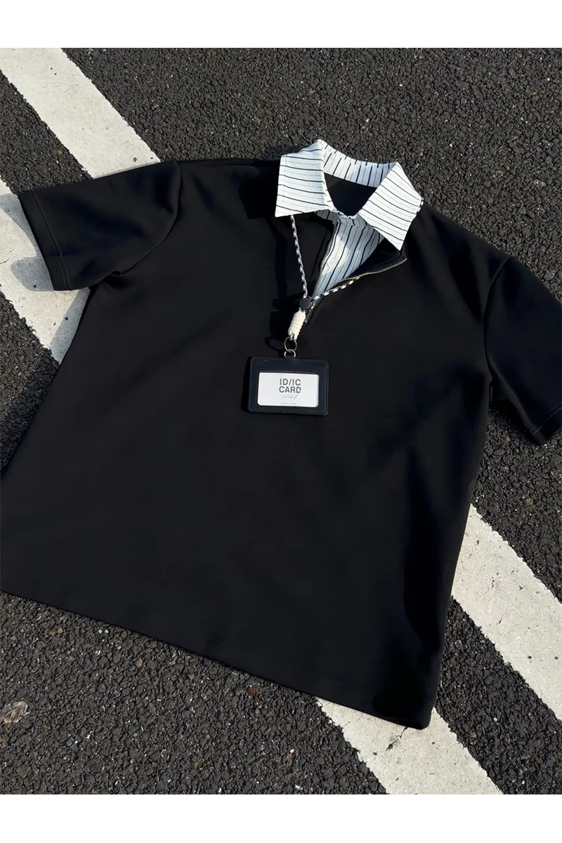 2026 Summer Youth Holiday Two-Piece Striped Patchwork Polo Shirt with Collar and Short Sleeve T-Shirt - Couple's Style American