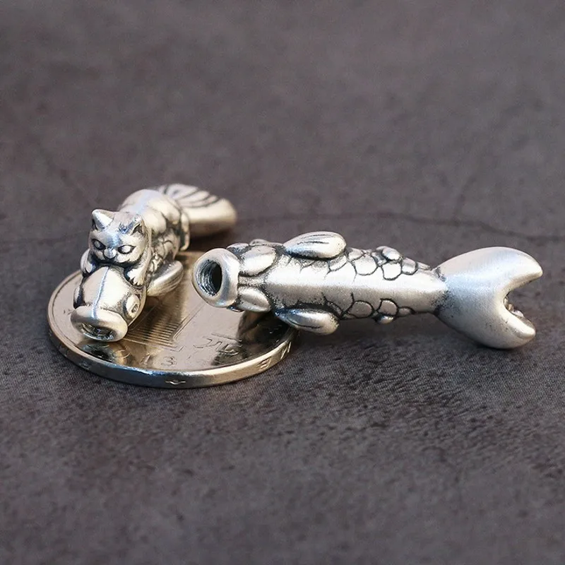BOCAI S999 Silver 3D Hard Silver Accessories DIY Braided Rope Beads Leather Rope Necklace Accessories Small Cat Hug Fish Bending 4