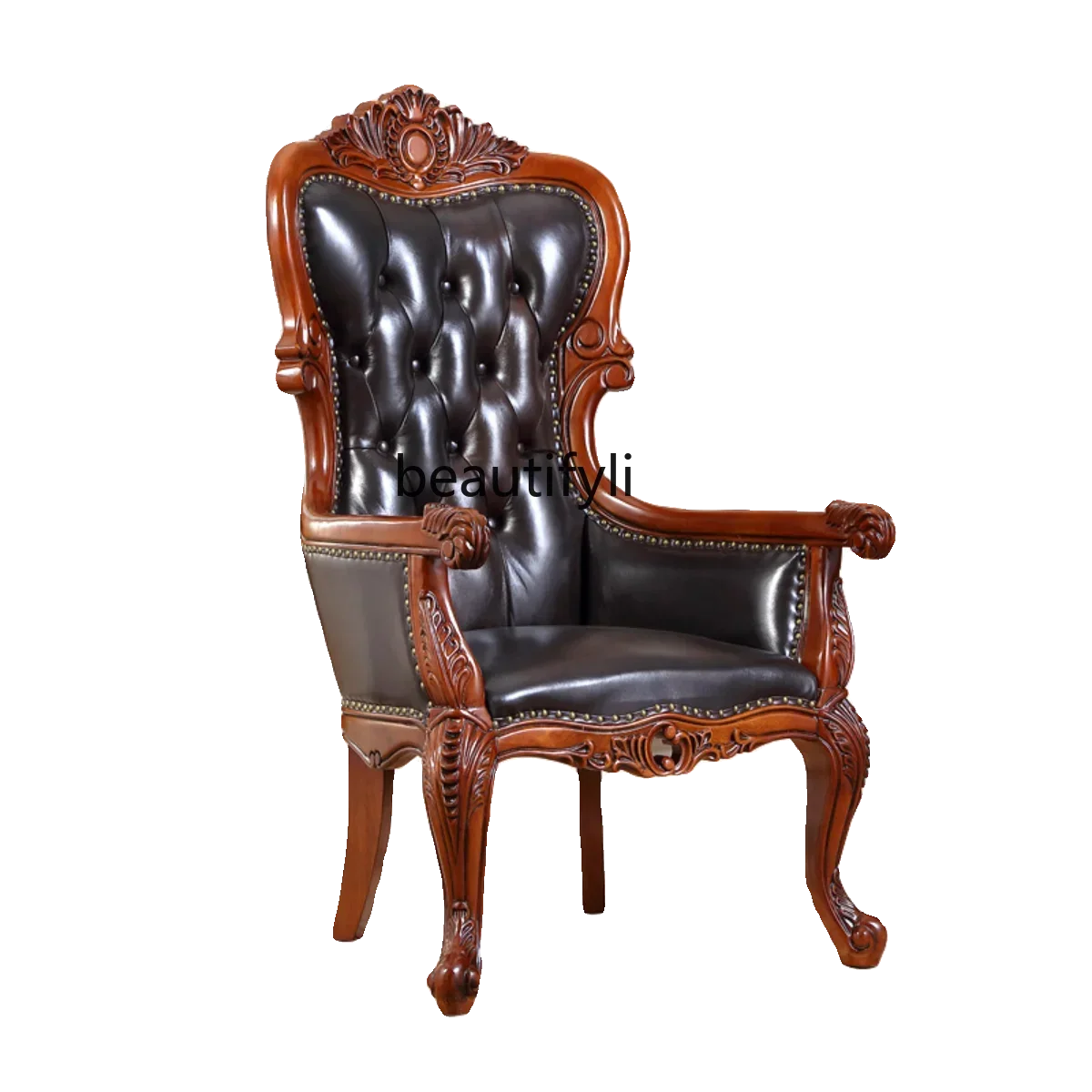 

American solid wood leather office chair home retro backrest computer European leisure chair