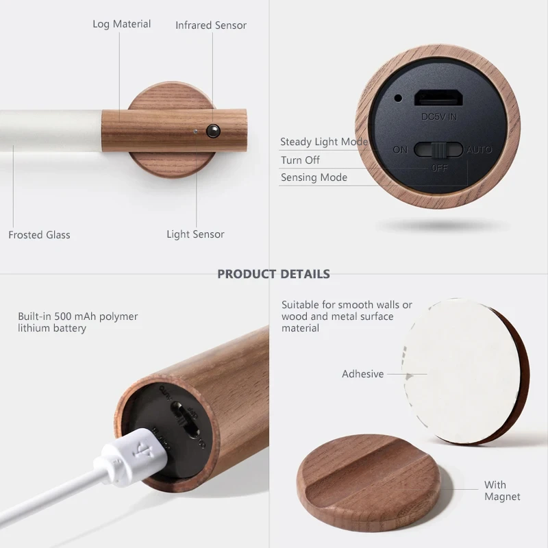 LED Rechargeable Imitation Wood Grain Sensor Light Night Light Handheld Magnetic Design Suitable For Closet  Bedroom Corridor