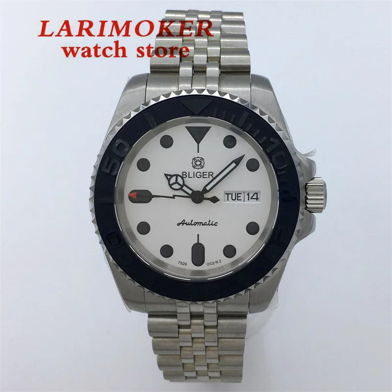 

BLIGER 40mm NH36 Automatic Diving Watch Men's sapphire glass date week display luminous stainless Silver Jubilee bracelet