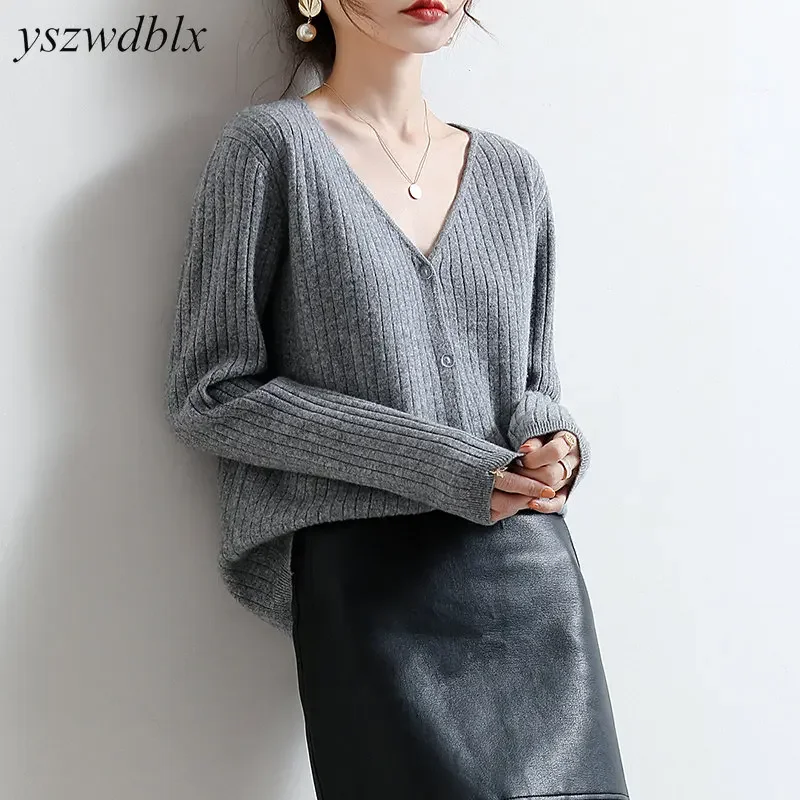 YSZWDBLX-cárdigans de punto con cuello en V para mujer, suéter de manga larga, moda coreana, cárdigan holgado, otoño e invierno, 2024