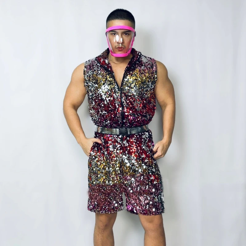 Male Singer Gogo Costumes Colorful Sequins Sleeveless Overalls Pants Muscle Man Bodysuit Stage Jazz Clothing Rave Outfit XS3658