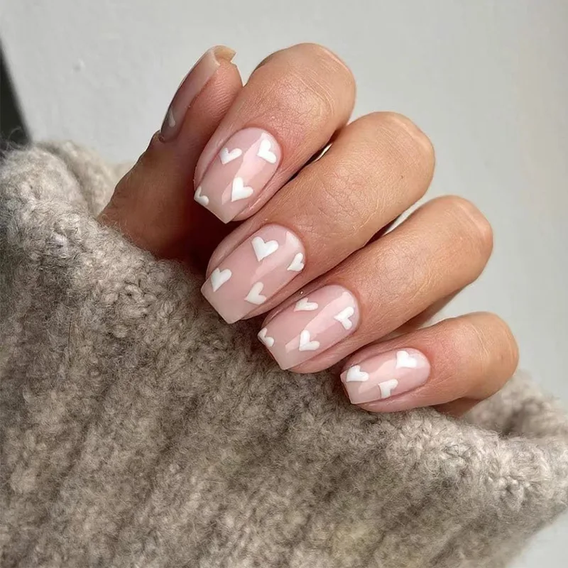 

24PCS Nude Pink Press-On Nails – Medium Square Shape With White Heart Prints Minimalist & Chic False Nails With Wearing Tools