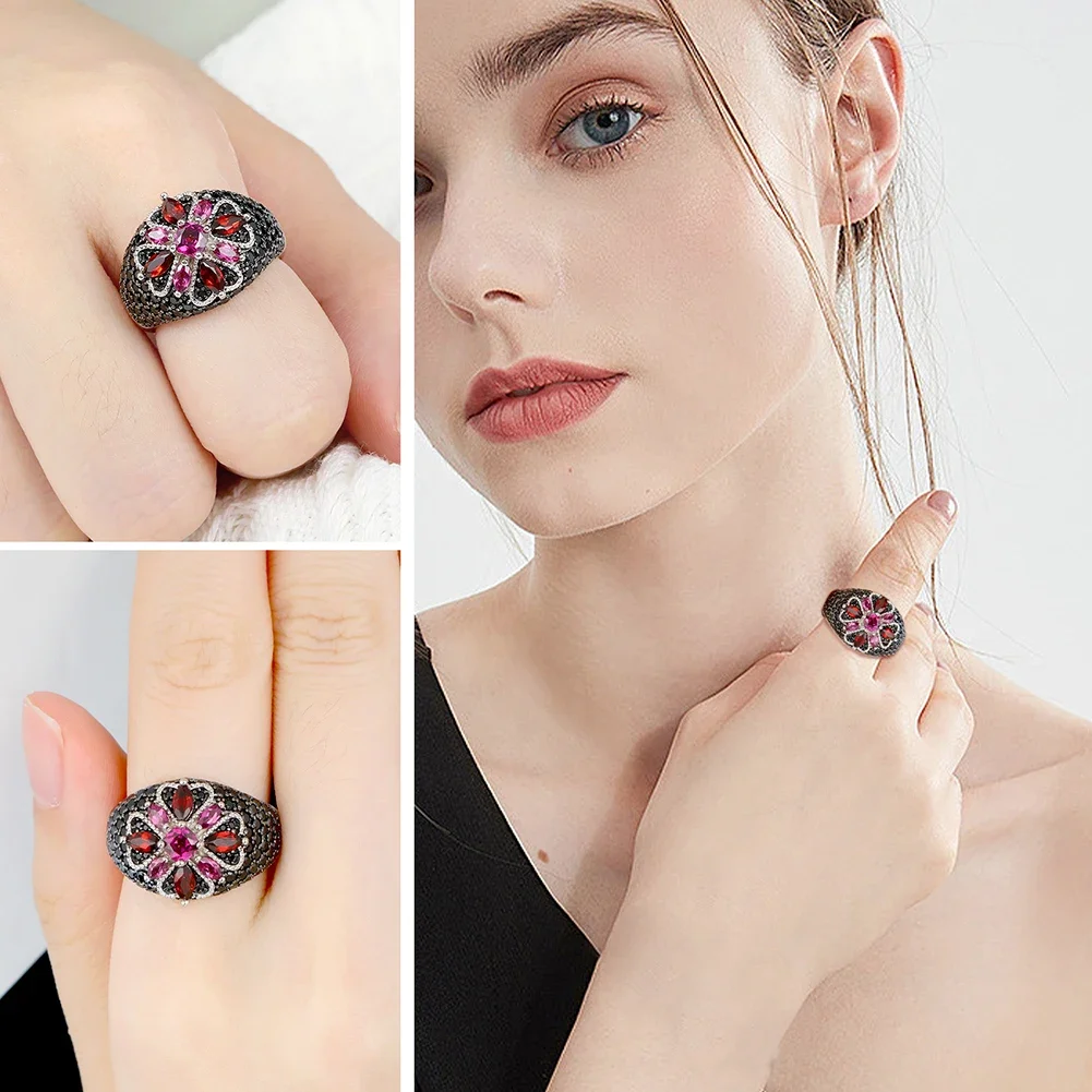 GZ ZONGFA 100% Natural Garnet Rhodolite Rings for Women 925 Sterling Silver Flower Rings Fine Jewelry Birthday Gifts