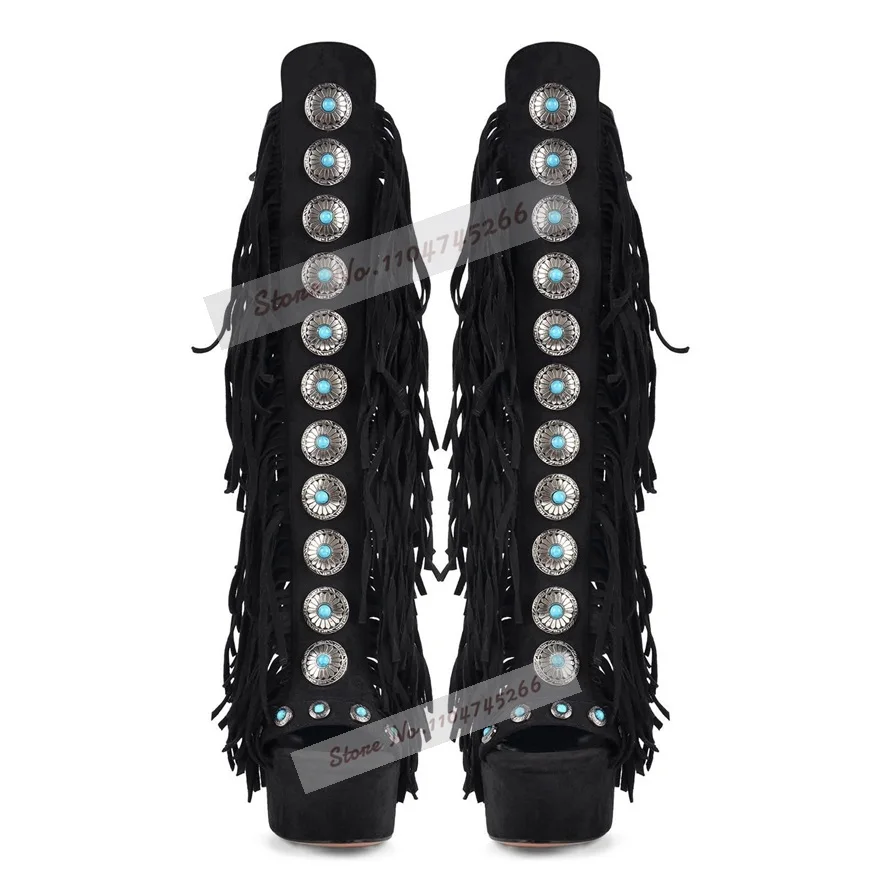 Women Black Suede Fringe Knee High Summer Boots Silver Metal Ring Buckle Turquoise Beaded Sandal Boots Platform Stiletto Heels view 3