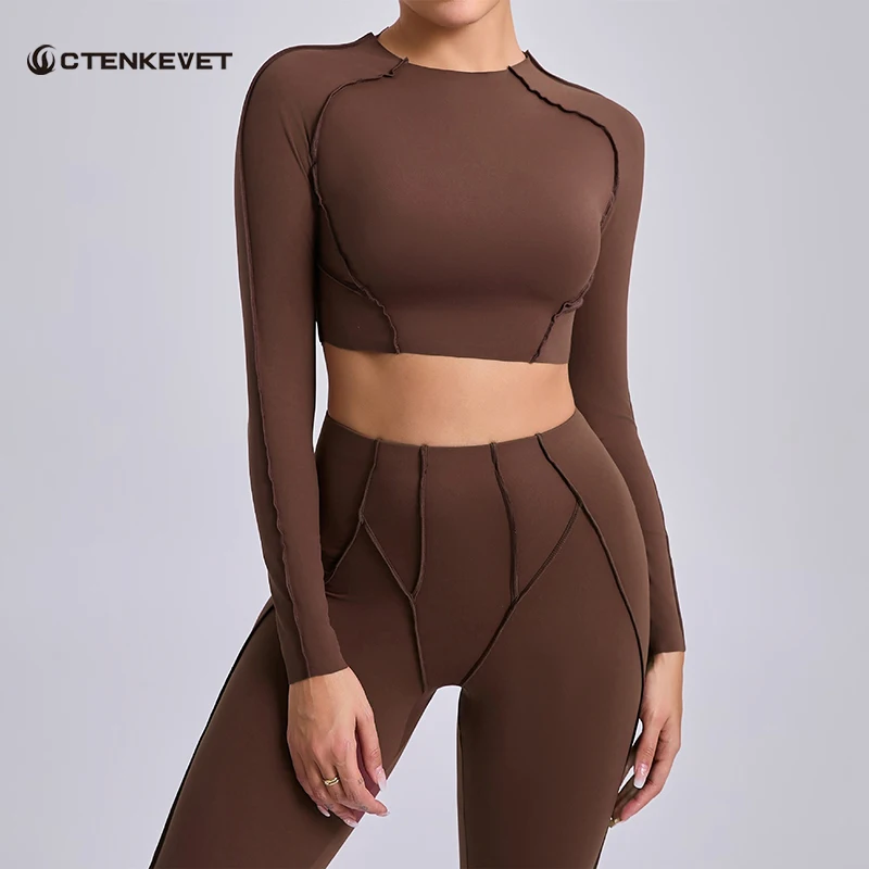 

Ctenkevet Women Outdoors Sports Quick-Dry Tight T-Shirt Long Sleeve Yoga Wear Female Gym Clothes Woman Stylish Lines Crop Top