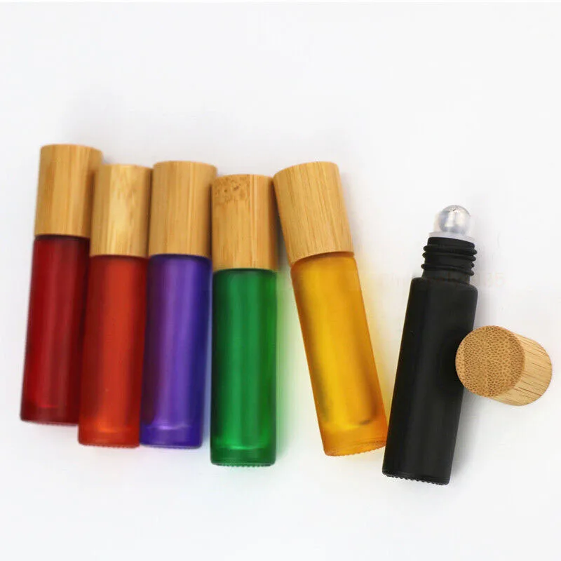 10 Buah 5ML 10ML Tutup Bambu Beku Kaca Kosong Botol Roll-On Stainless Roll On Ball Parfum Botol Aromaterapi Botol Roller