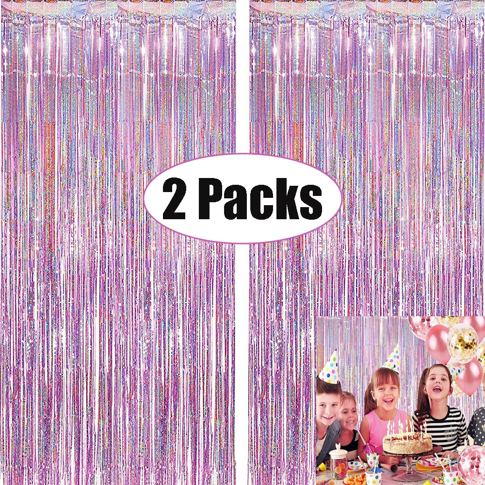 2Pack Pink Metallic Foil Tinsel Fringe Curtain Backdrop Birthday Wedding Decoration Adult Anniversary Bridal Shower Party Decor