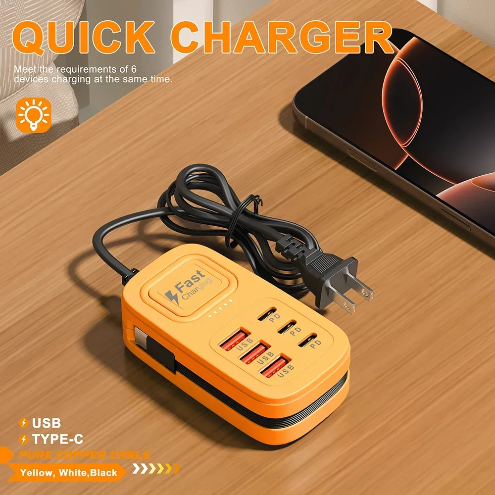 6-in-1-Desktop-USB-Ladestation, Typ-C-Schnellladegerät, Telefonladegerät, Mehrfachsteckdosenleiste für iPhone, Samsung, Xiaomi, EU/US/UK-Stecker – Detail 2