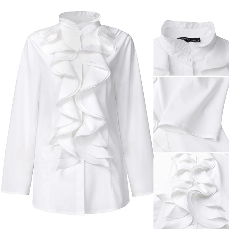 

ZANZEA, весенние элегантные рубашки с длинными рукавами и рюшами, офисная женская блузка, стильная однотонная рабочая рубашка с воланами, шикарные топы-туники