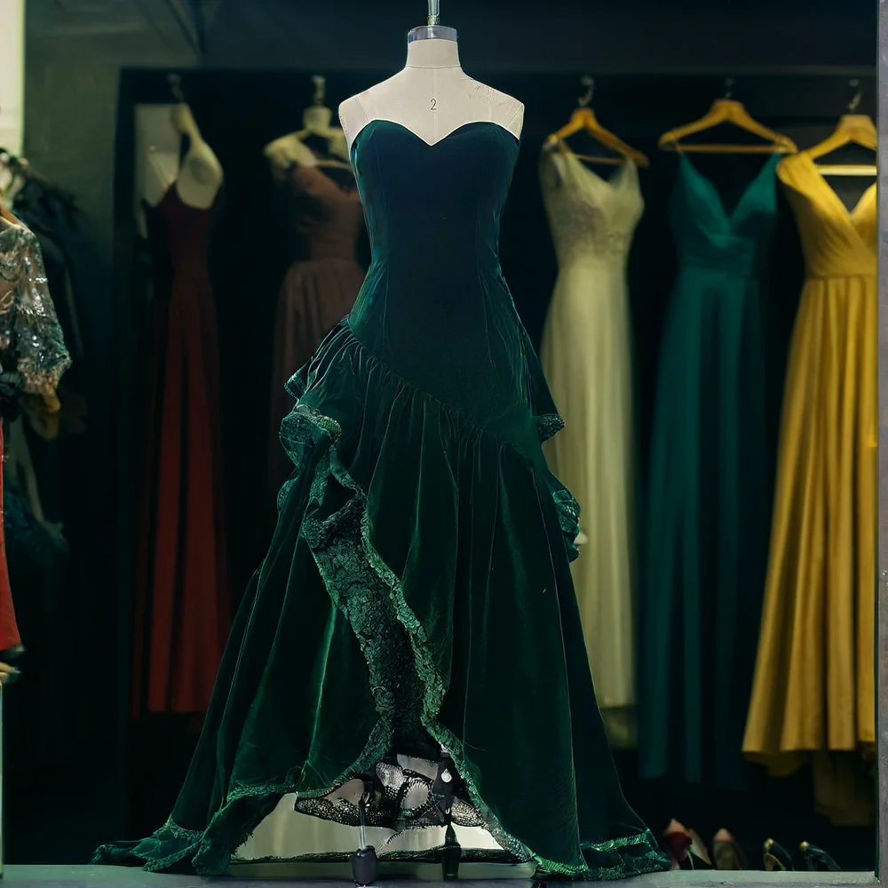 Graciosa verde veludo vestidos de noite querida alta/baixa rendas até plissado trem varredura vestido de baile elegante vestidos femininos 2025