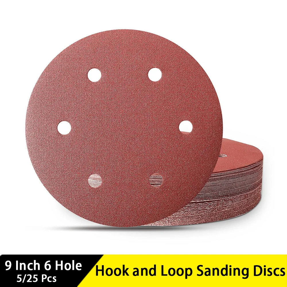 

9-дюймовые шлифовальные диски с 6 отверстиями на липучке, 5/25 шт. в ассортименте, зернистость 60/80/120/150/240, наждачная бумага для гипсокартона для полировки и шлифования
