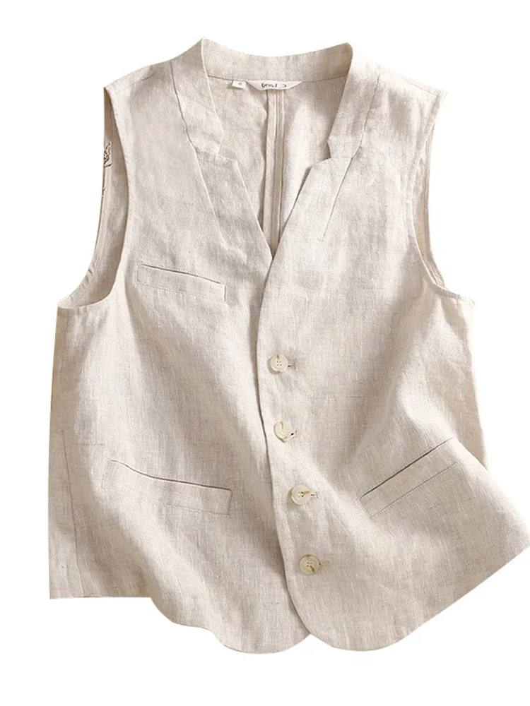 Haut léger en coton et lin pour femmes, ample et décontracté, gilet d'extérieur, vêtements d'extérieur, pour les déplacements, détail de boutons v-ne, longueur ort