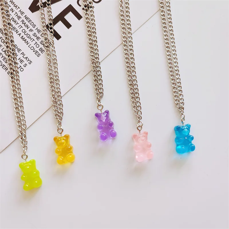 Cartoon Jelly Three-Dimensional Bear Necklace Candy Color Resin Pendant Fashion Creative Sweater Chain Jewelry Birthday Gift