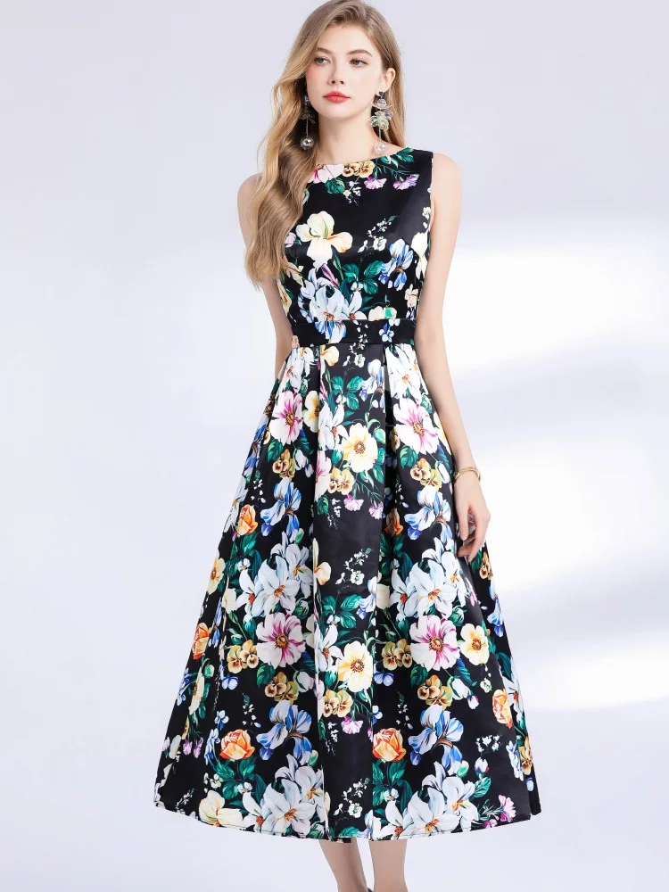 SMTHMA New Summer Women Print O-Neck Sleeveless Casual Long Dress Fashion Slim Fit Beach Party Evening Wear Runway Dresses