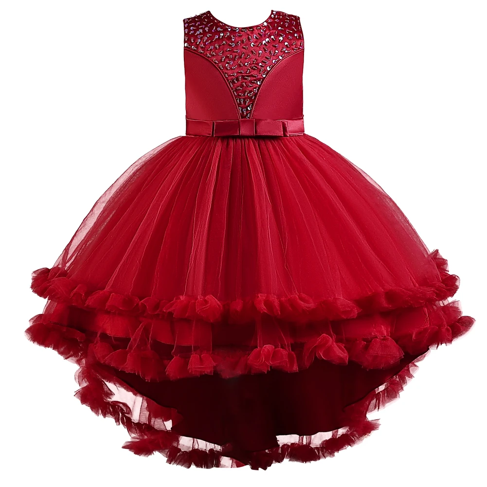 Red Girls\' Winter Child Dress Flower Children Trailing Princess Dress Fluffy Dress Christmas Dress